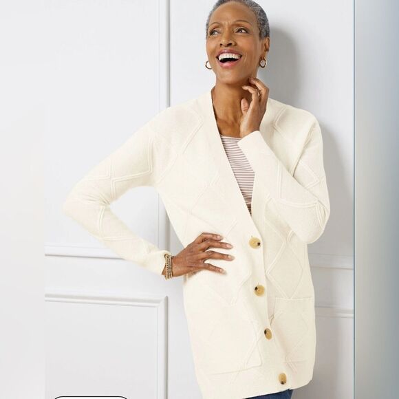Talbots Women's Cardigan Sweater Merino Wool Cashmere Blend Button White Size LP - Picture 2 of 7